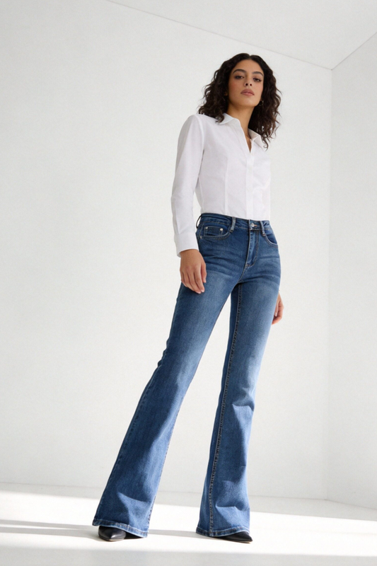 Jeans Zayelia Flare de mujer, tiro alto, color denim - vista frontal